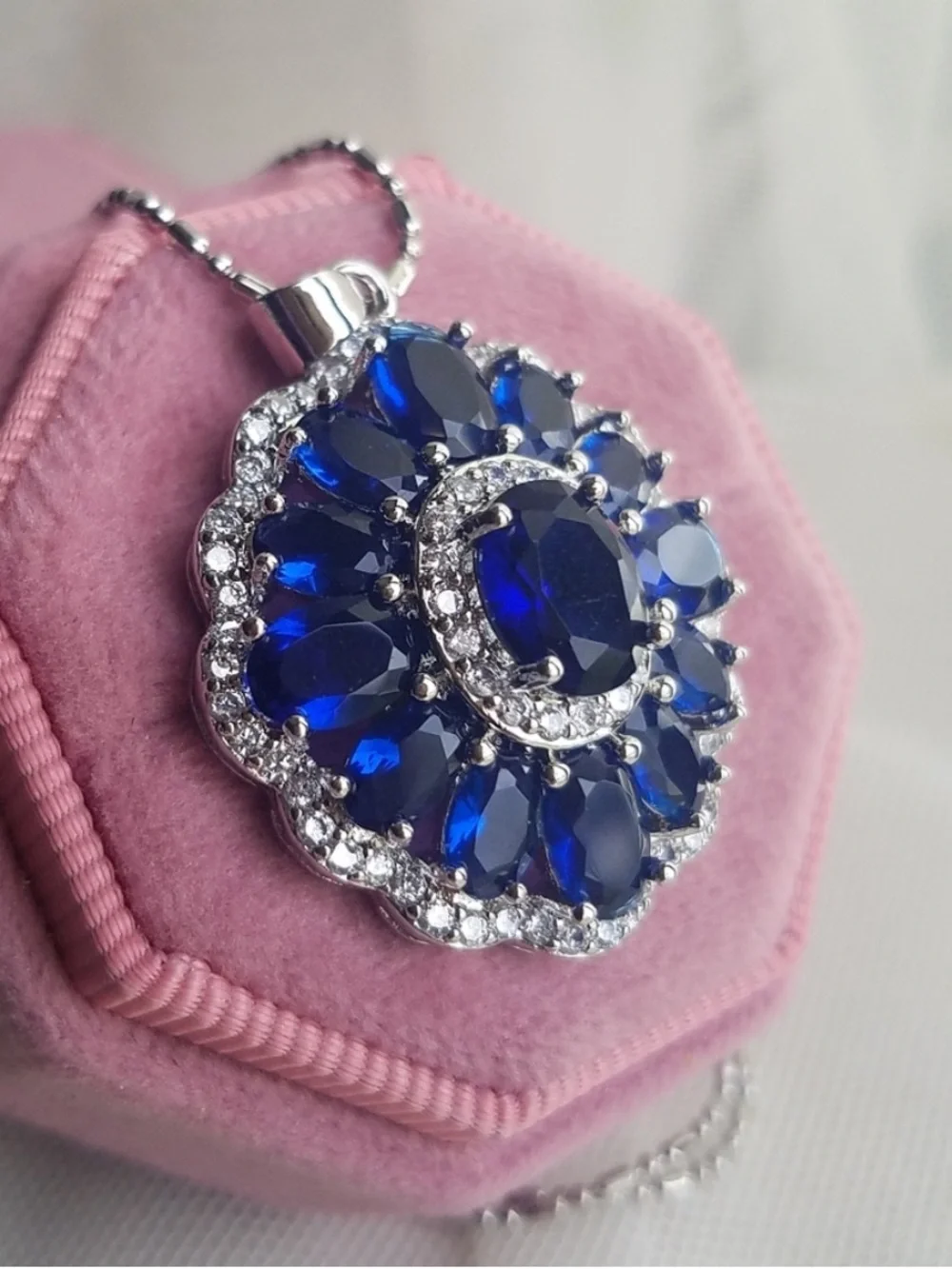 Swarovski Elements Blue Sapphire 925 Sterling Silver Statement Necklace NEW